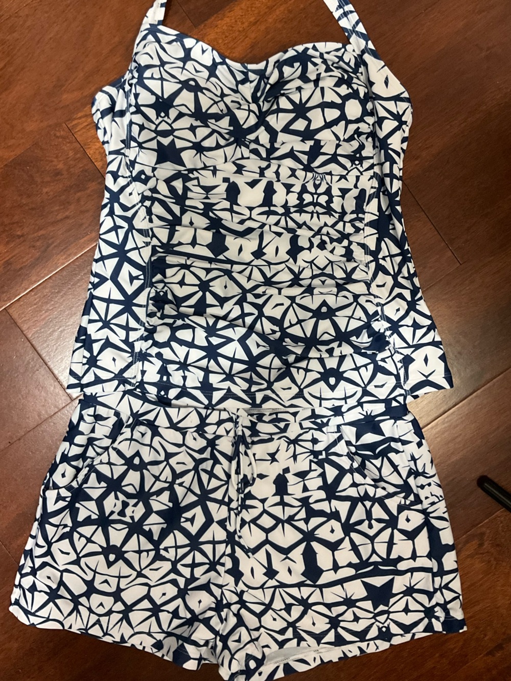 Amazon Women Swim Navy and White Patterned Tankini with Shorts